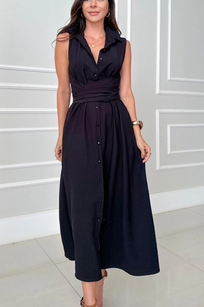 Robe Midi pour Femme - Manches Courtes, Col Chemise, Boutonnée, Ceinture Envelopp