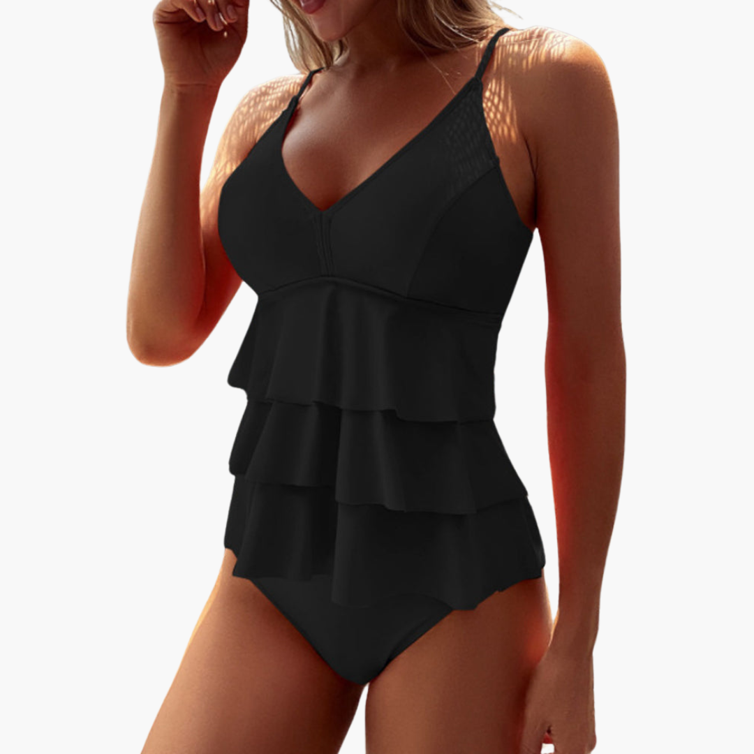 Tankini Set femme – Haut à volants superposés – Col en V – Bretelles réglables – Coupe flatteuse