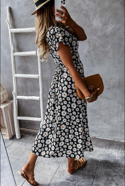 Robe femme midi – Coupe décontractée – Manches courtes – Imprimé floral fluide