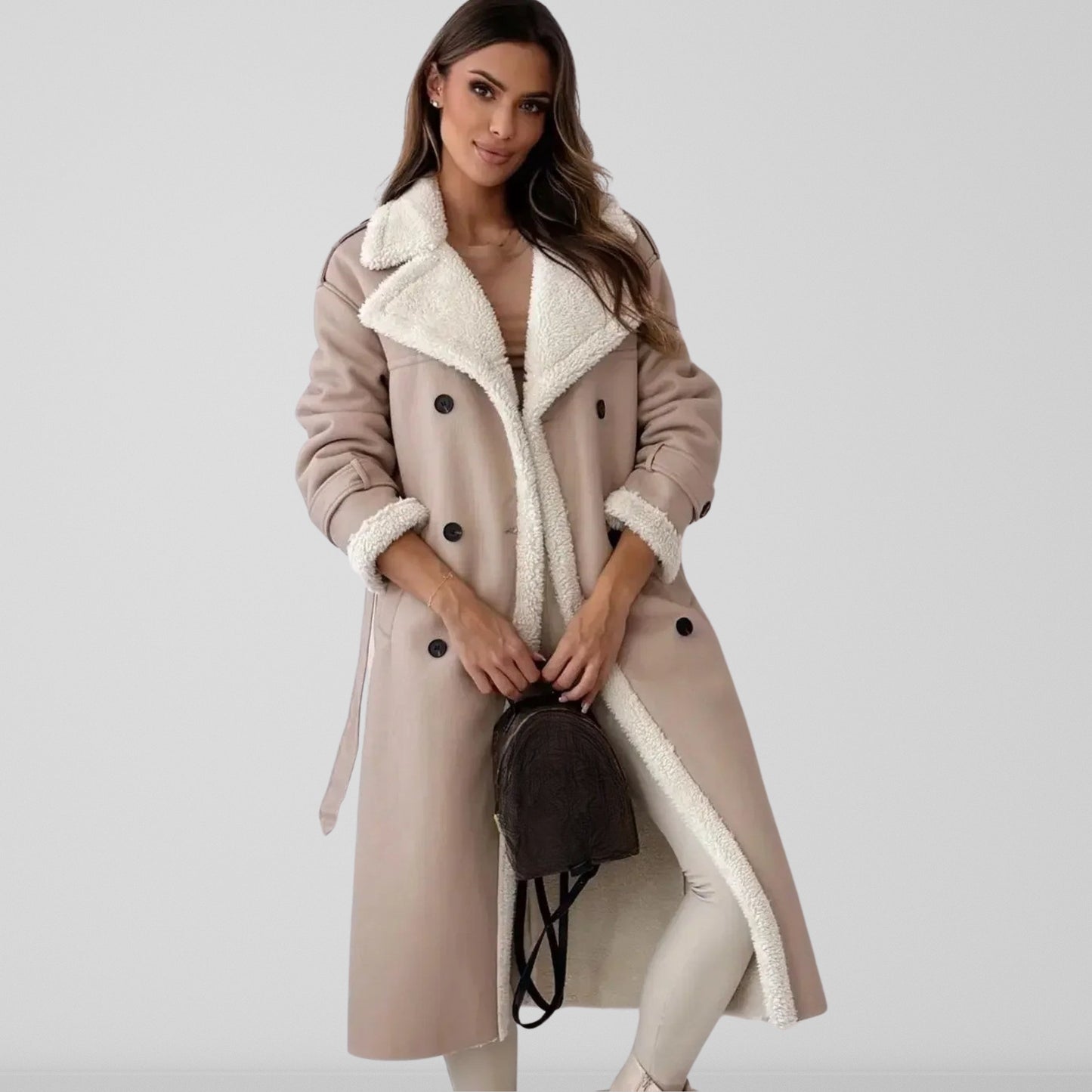 Manteau femme long – Coupe oversize – Doublure effet mouton – Ceinturé croisé