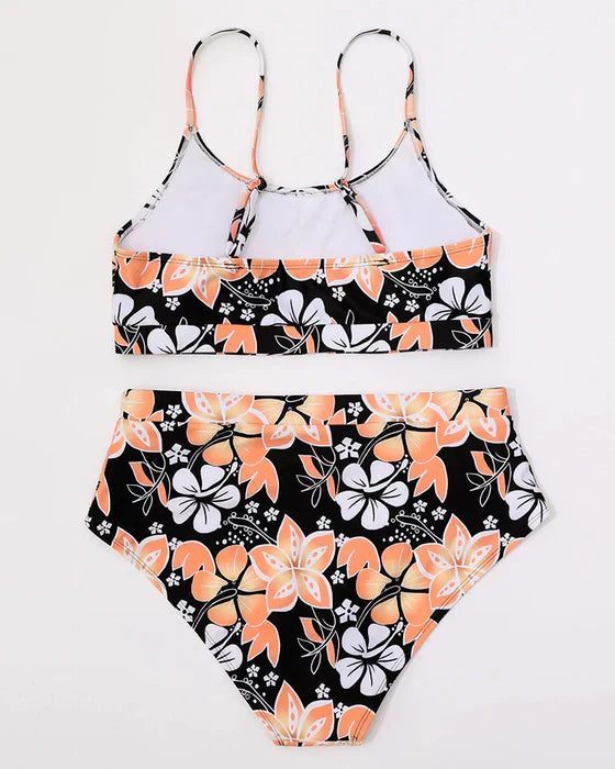 Bikini femme – Taille haute – Haut style débardeur – Imprimé floral – Tissu respirant
