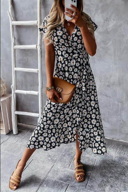 Robe femme midi – Coupe décontractée – Manches courtes – Imprimé floral fluide