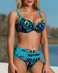 Bikini femme – Haut twist ajusté – Taille haute – Motif feuillage – Séchage rapide