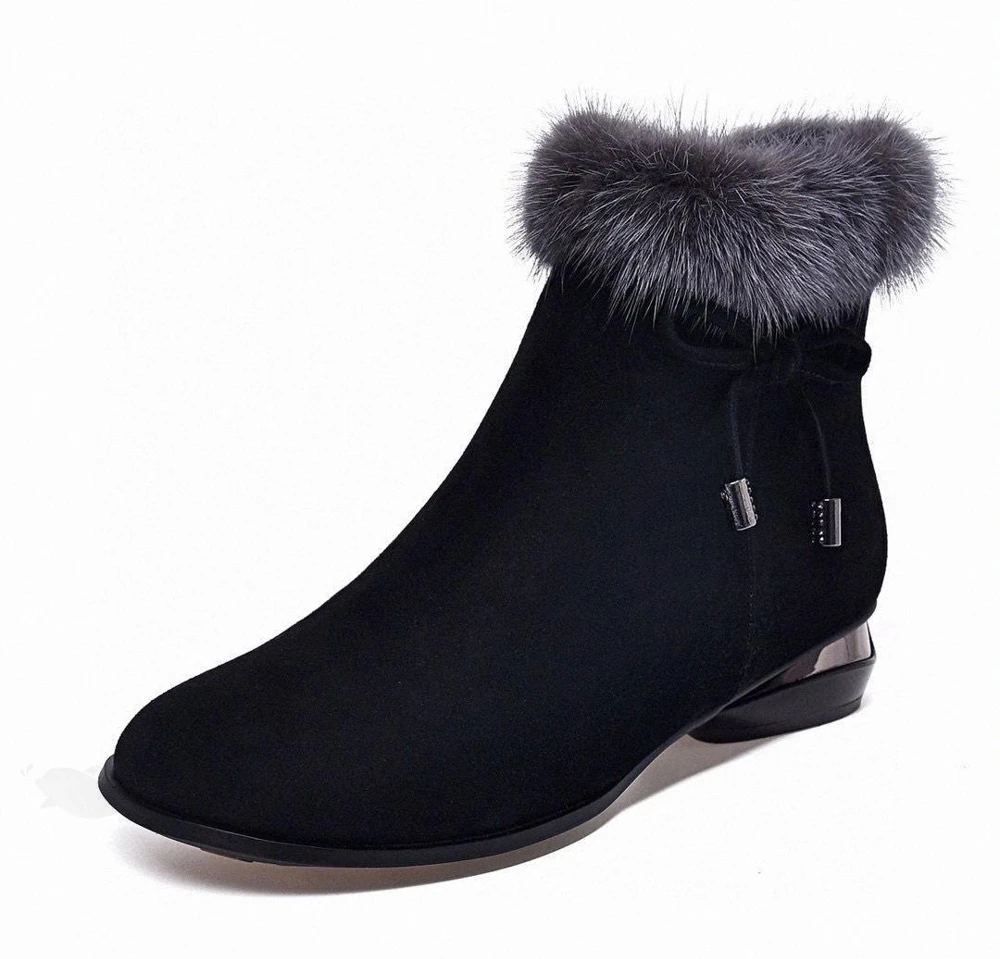 Women's Ankle Boots - Velvety Suede - Faux Fur Trim - Fitted cut