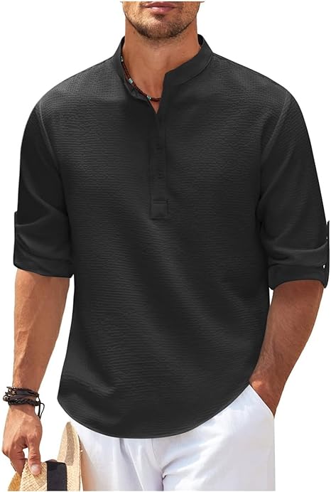 Chemise homme décontractée – Coupe ample – Col mao – Tissu respirant – Poignets boutonnés