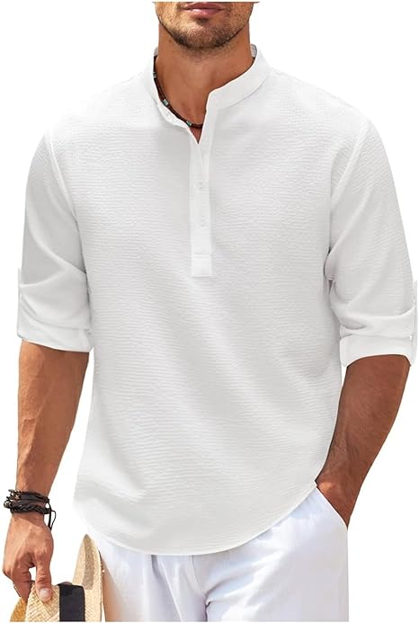 Chemise homme décontractée – Coupe ample – Col mao – Tissu respirant – Poignets boutonnés