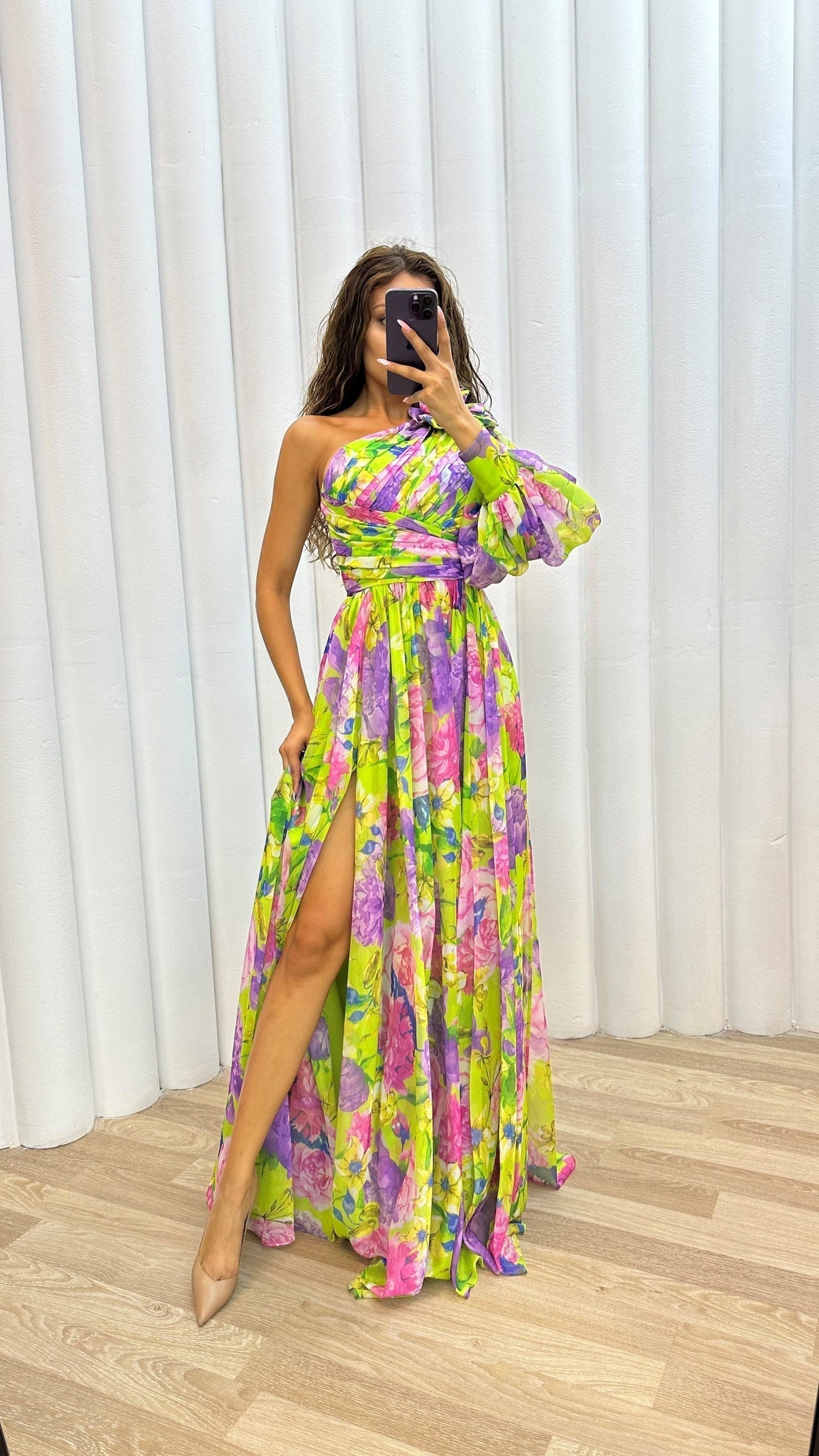 Robe longue femme – Style asymétrique – Imprimé fleuri – Fente haute – Tissu fluide