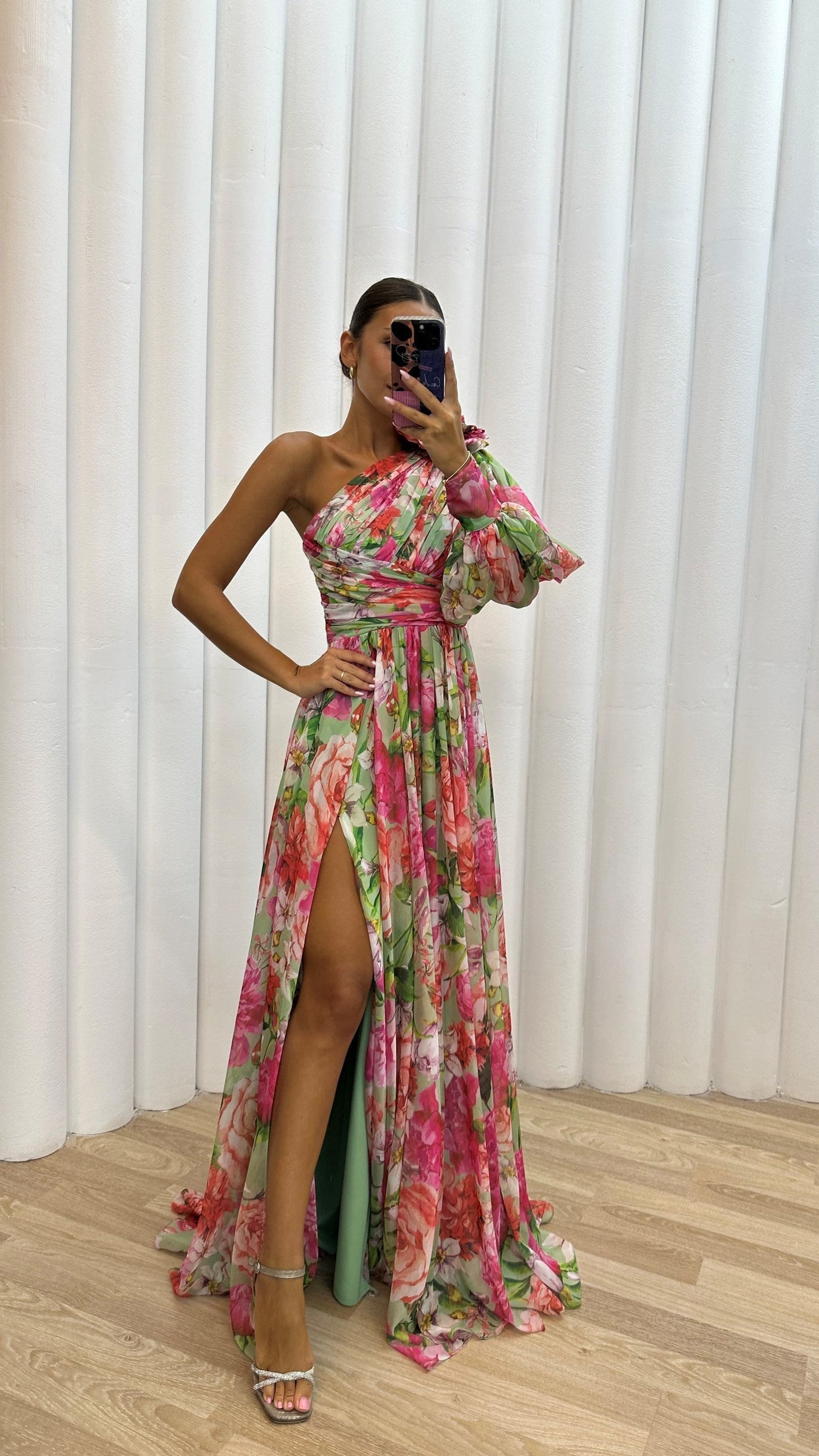 Robe longue femme – Style asymétrique – Imprimé fleuri – Fente haute – Tissu fluide