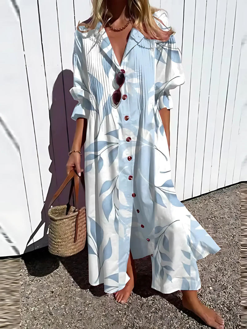 Robe longue femme – Coupe décontractée – Tissu respirant – Boutonnée – Imprimé rétro