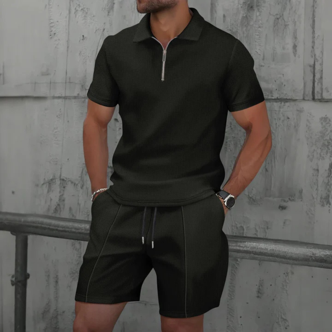Ensemble coordonné homme – Polo slim avec zip – Maille douce – Short mi-cuisse