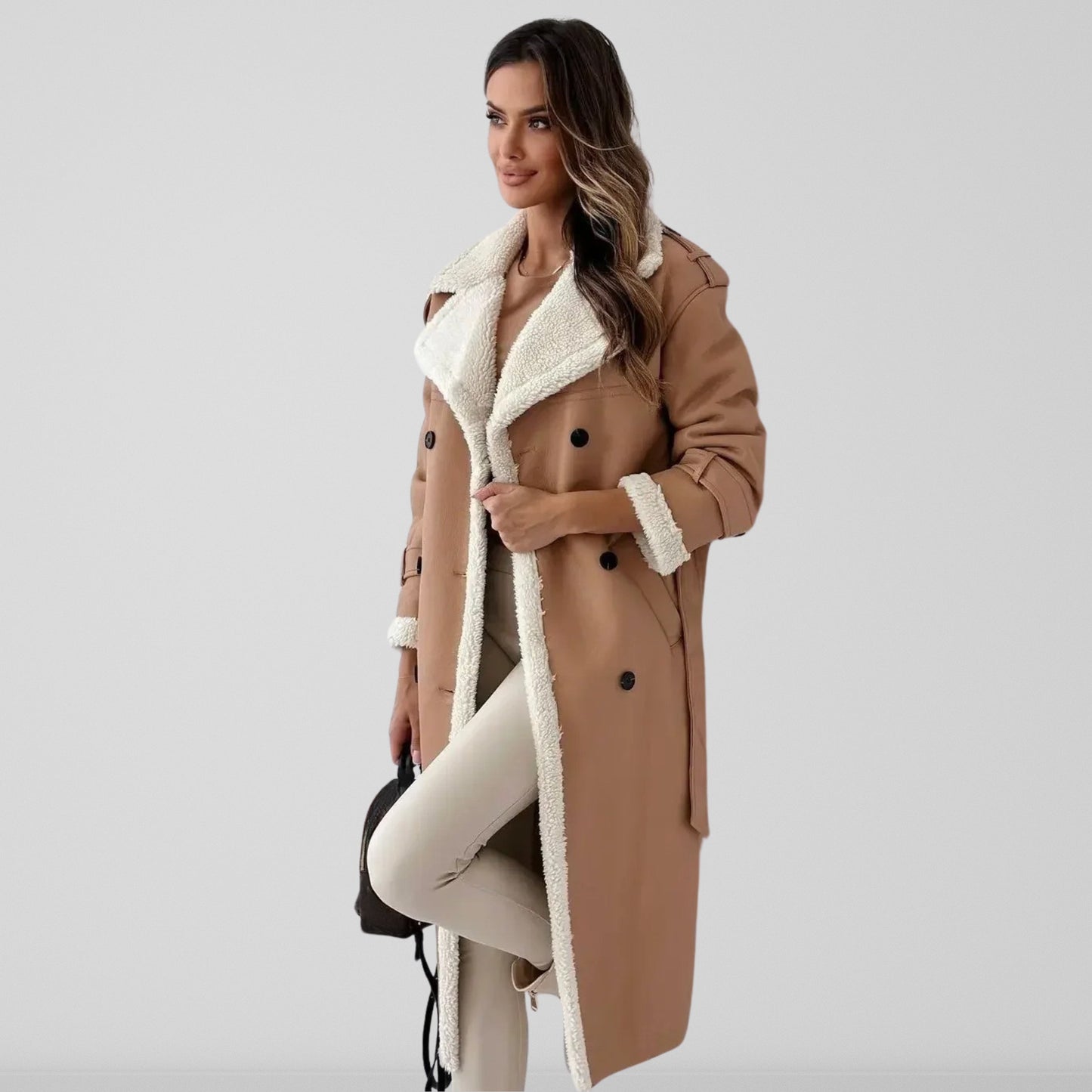 Manteau femme long – Coupe oversize – Doublure effet mouton – Ceinturé croisé