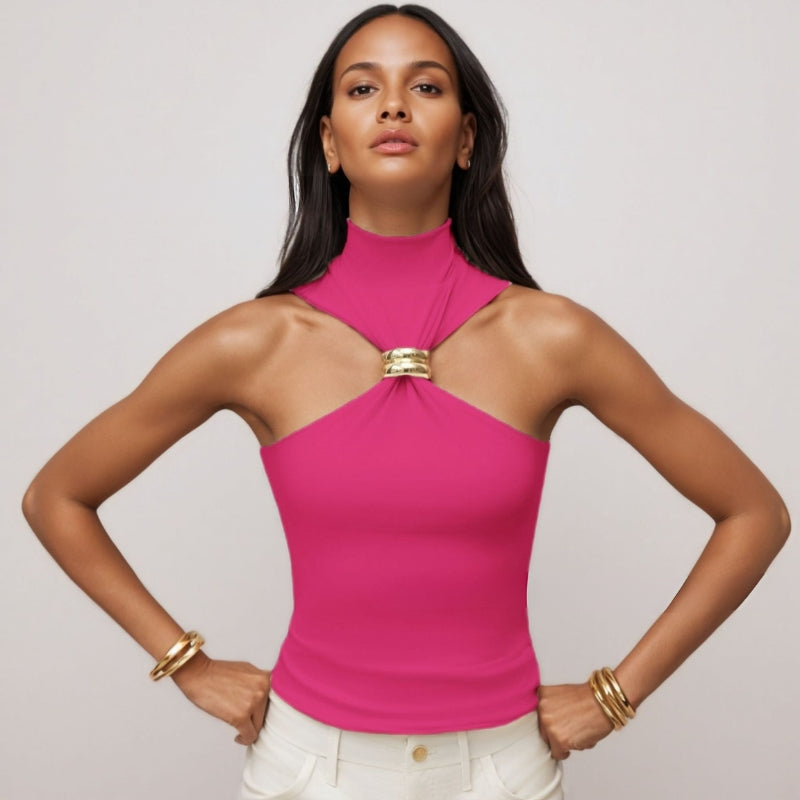 Débardeur femme – Coupe slim – Encolure dos nu – Détail anneau métal – Maille douce
