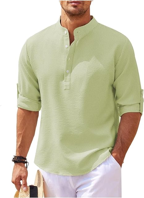 Chemise homme décontractée – Coupe ample – Col mao – Tissu respirant – Poignets boutonnés