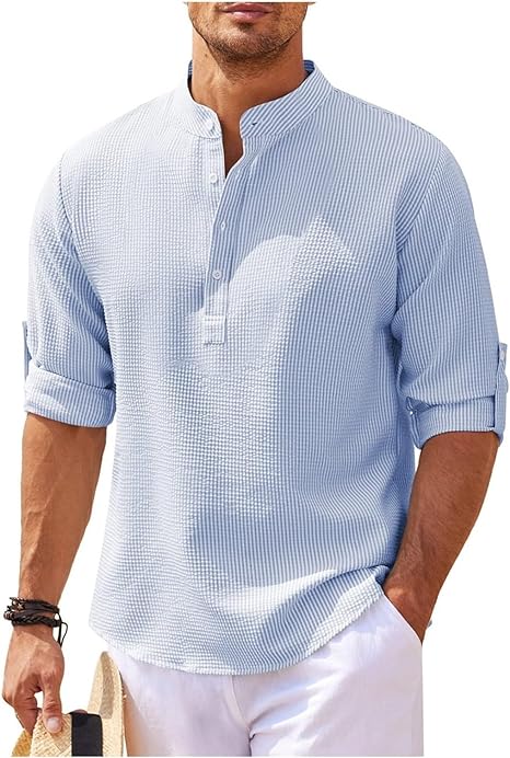 Chemise homme décontractée – Coupe ample – Col mao – Tissu respirant – Poignets boutonnés