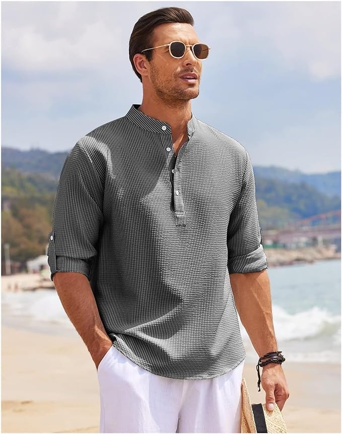 Chemise homme décontractée – Coupe ample – Col mao – Tissu respirant – Poignets boutonnés