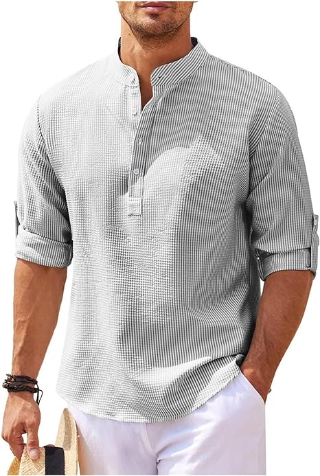 Chemise homme décontractée – Coupe ample – Col mao – Tissu respirant – Poignets boutonnés