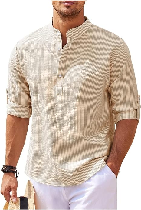 Chemise homme décontractée – Coupe ample – Col mao – Tissu respirant – Poignets boutonnés