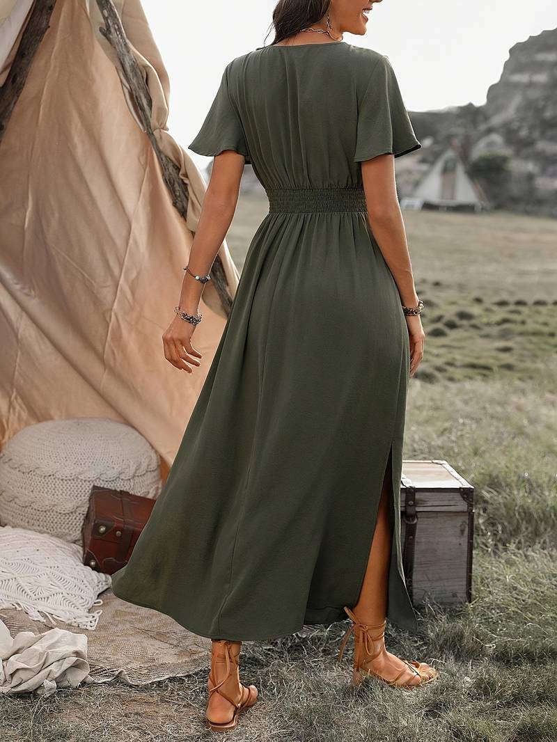 Robe midi femme – Coupe évasée – Décolleté cache-cœur – Manches courtes – Tissu fluide respirant