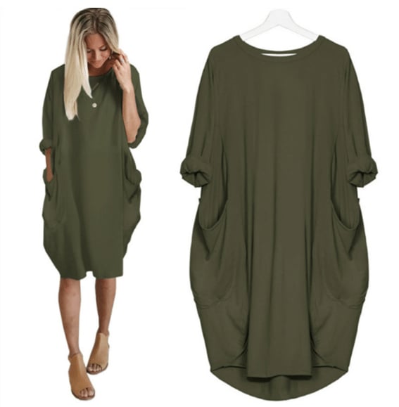 Robe midi femme – Coupe ample – Tissu respirant – Manches retroussées – Poches