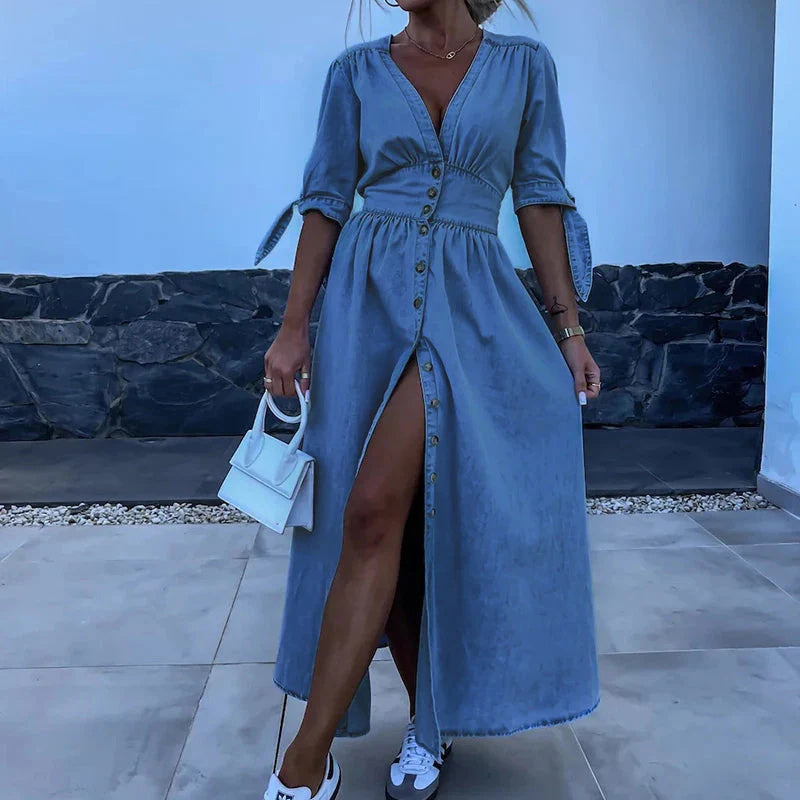Midi Dress for Women - Fitted and Flowing Cut in Denim - Puff Sleeves - Style Dé