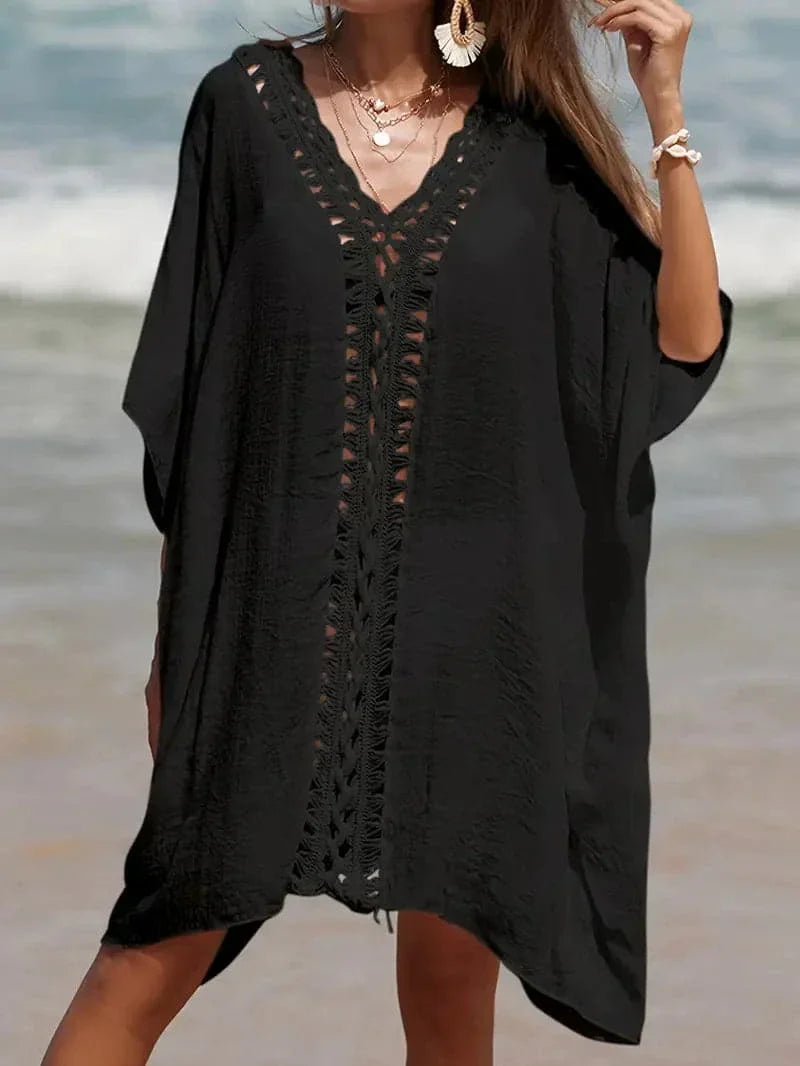 Kimono femme – Coupe décontractée – Fibres naturelles – Manches courtes – Dentelle
