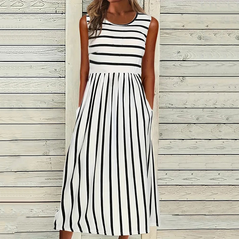 Robe midi sans manches femme – Coupe décontractée – Rayures – Fibres naturelles respirantes