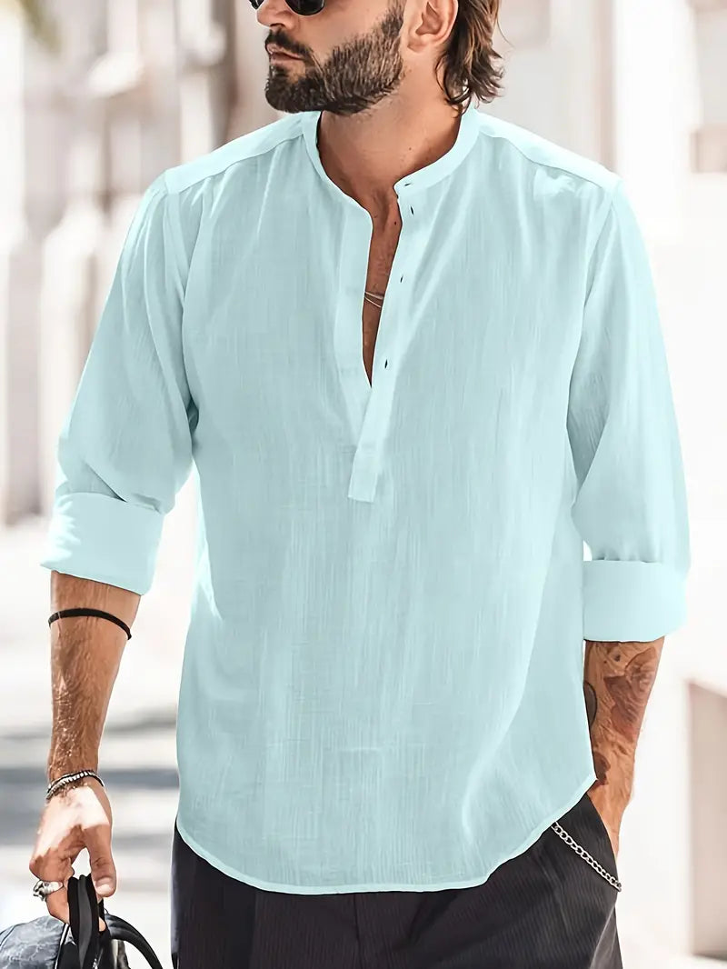 Chemise homme manches longues – Coupe décontractée – Col officier – Fibres naturelles respirantes