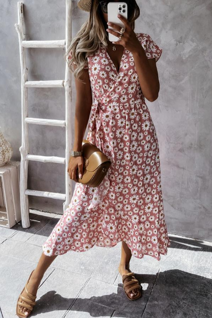 Robe femme midi – Coupe décontractée – Manches courtes – Imprimé floral fluide