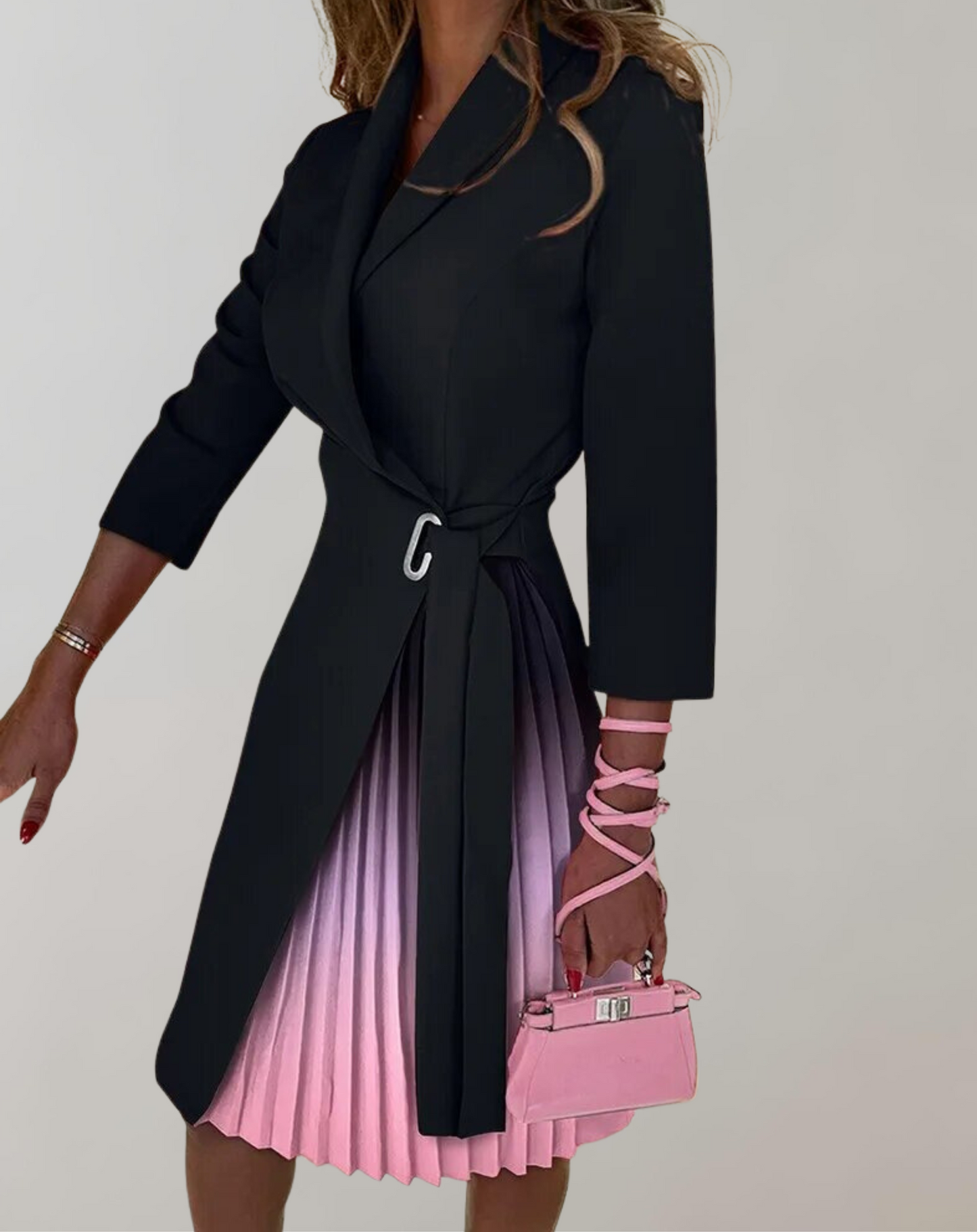 Robe midi femme – Coupe ajustée – Jupe plissée – Col fendu – Taille ceinturée
