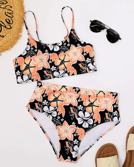 Bikini femme – Taille haute – Haut style débardeur – Imprimé floral – Tissu respirant