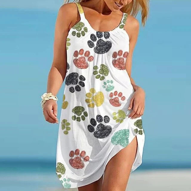 Robe femme – Coupe décontractée – Sans manches – Imprimé ludique – Tissu respirant