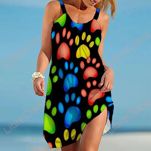 Robe femme – Coupe décontractée – Sans manches – Imprimé ludique – Tissu respirant