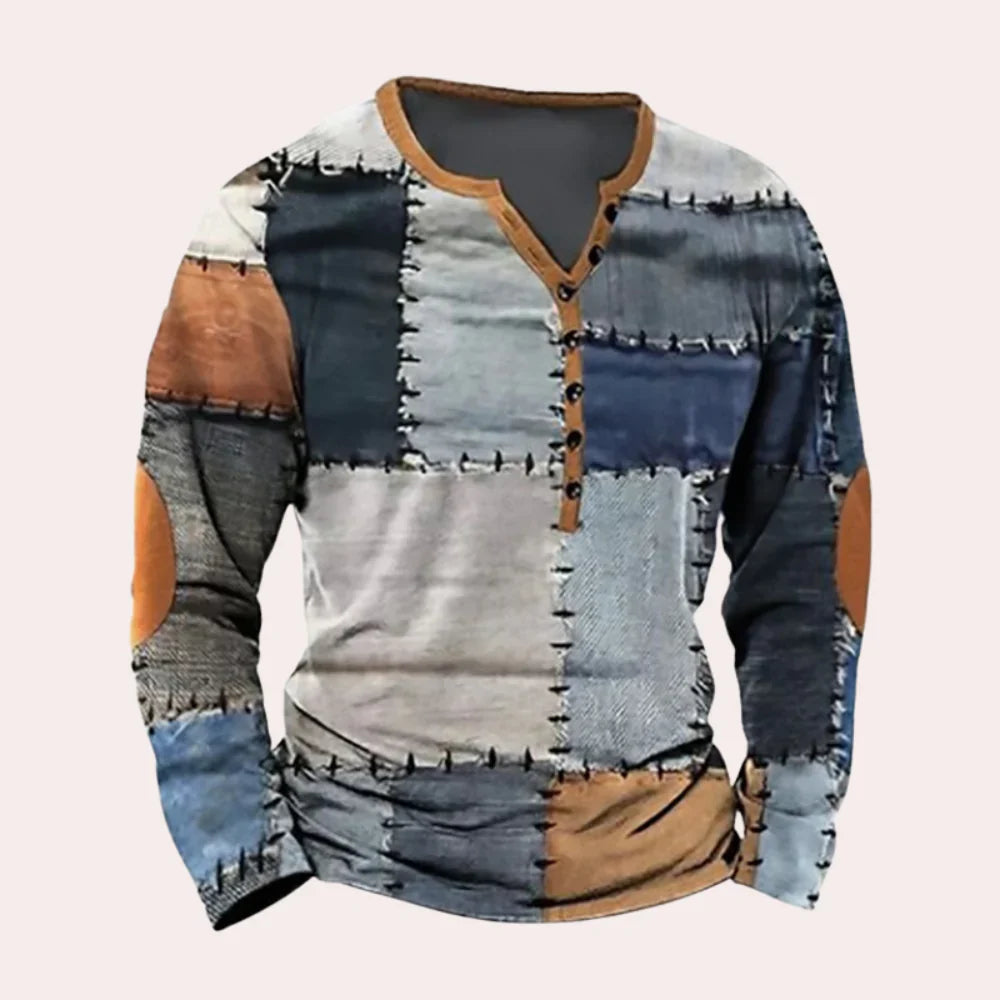 Chemise homme – Coupe décontractée – Manches longues – Col Henley – Maille douce – Motif patchwork