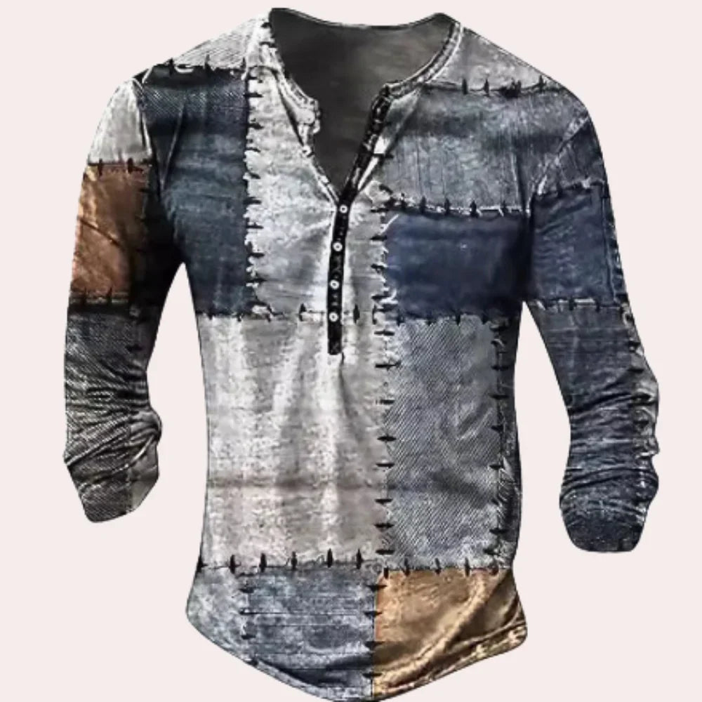 Chemise homme – Coupe décontractée – Manches longues – Col Henley – Maille douce – Motif patchwork