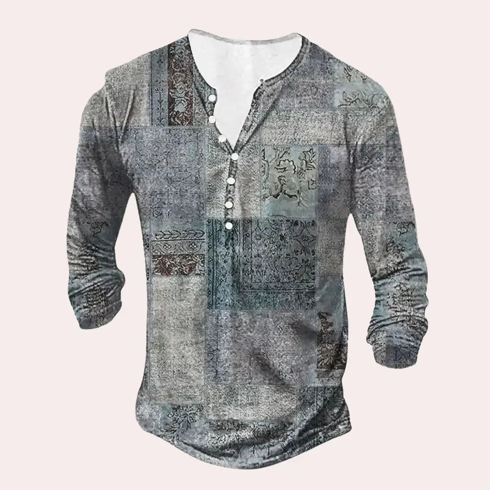 Chemise homme – Coupe décontractée – Manches longues – Col Henley – Maille douce – Motif patchwork