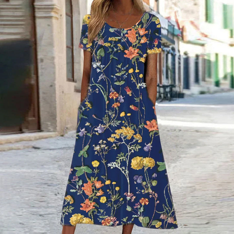 Robe midi femme – Coupe évasée – Tissu respirant – Imprimé fleuri – Manches courtes – Poches
