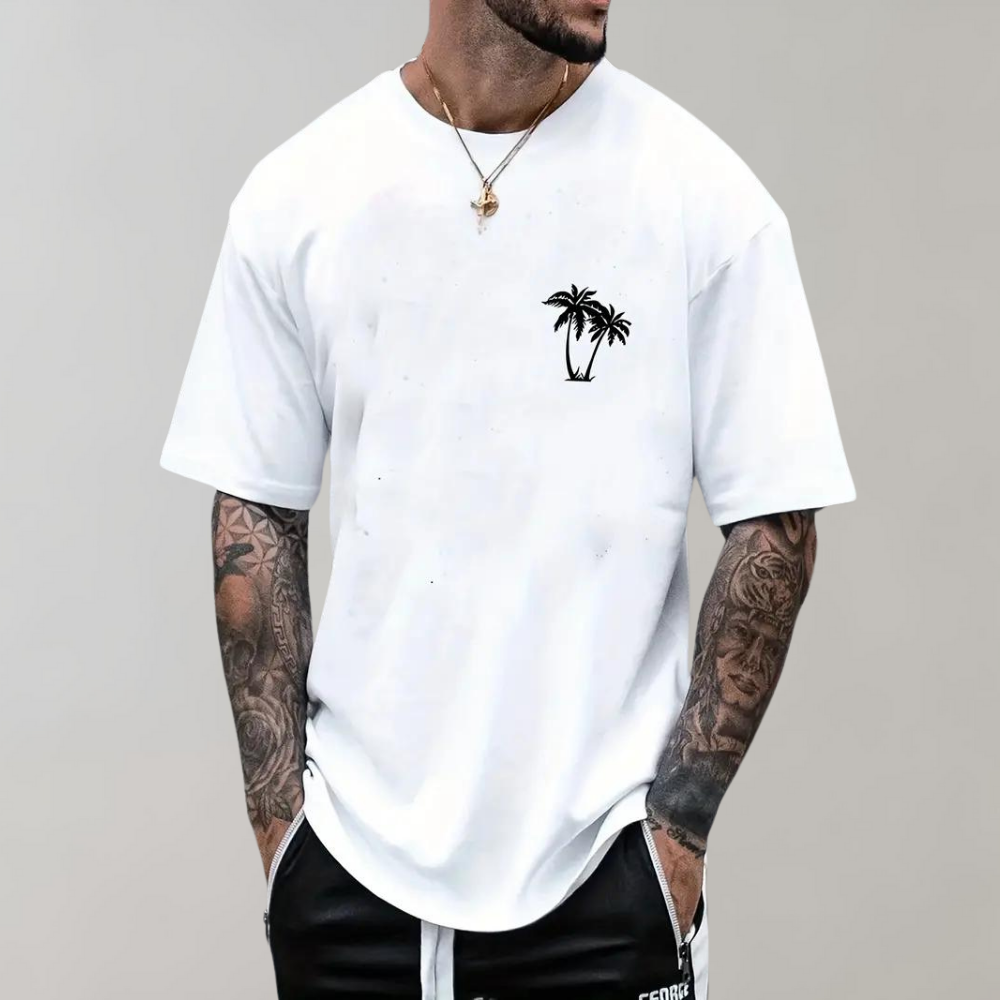 T-shirt homme – Coupe décontractée – Manches courtes – Motif palmier – Tissu respirant