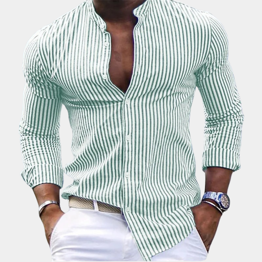 Chemise homme manches longues – Coupe slim – Col mao – Rayures verticales – Tissu respirant