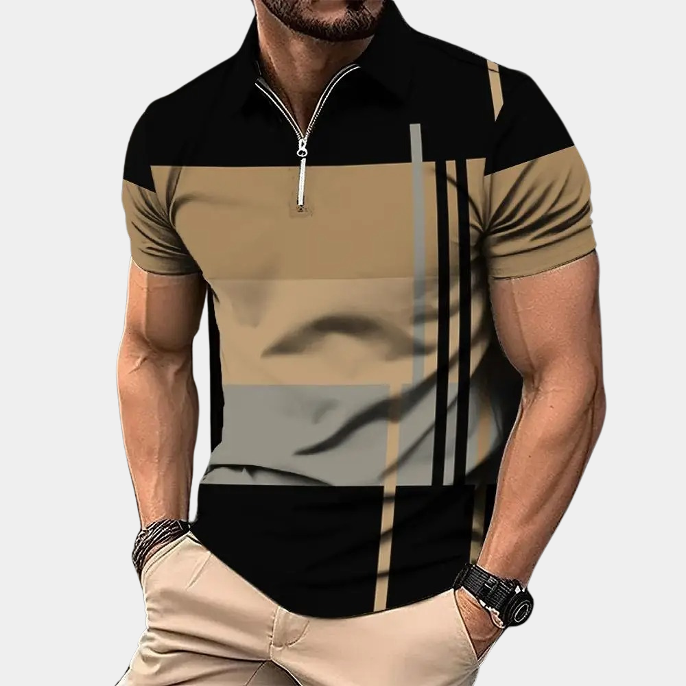 Polo homme – Coupe slim – Manches courtes – Fermeture zippée – Motif moderne
