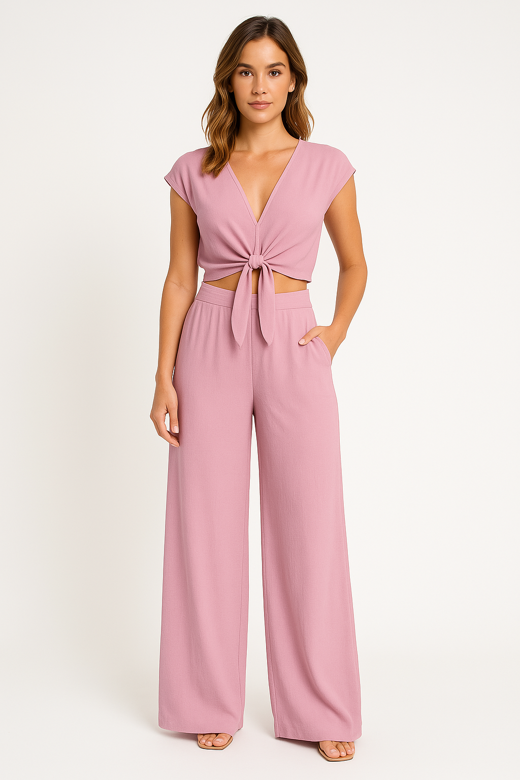 Ensemble Femme Deux Pièces – Haut Court Nœud Devant – Pantalon Large Taille Haute