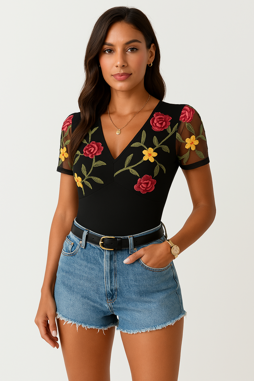 Body femme – Coupe moulante – Manches courtes en tulle – Broderie florale – Décolleté V