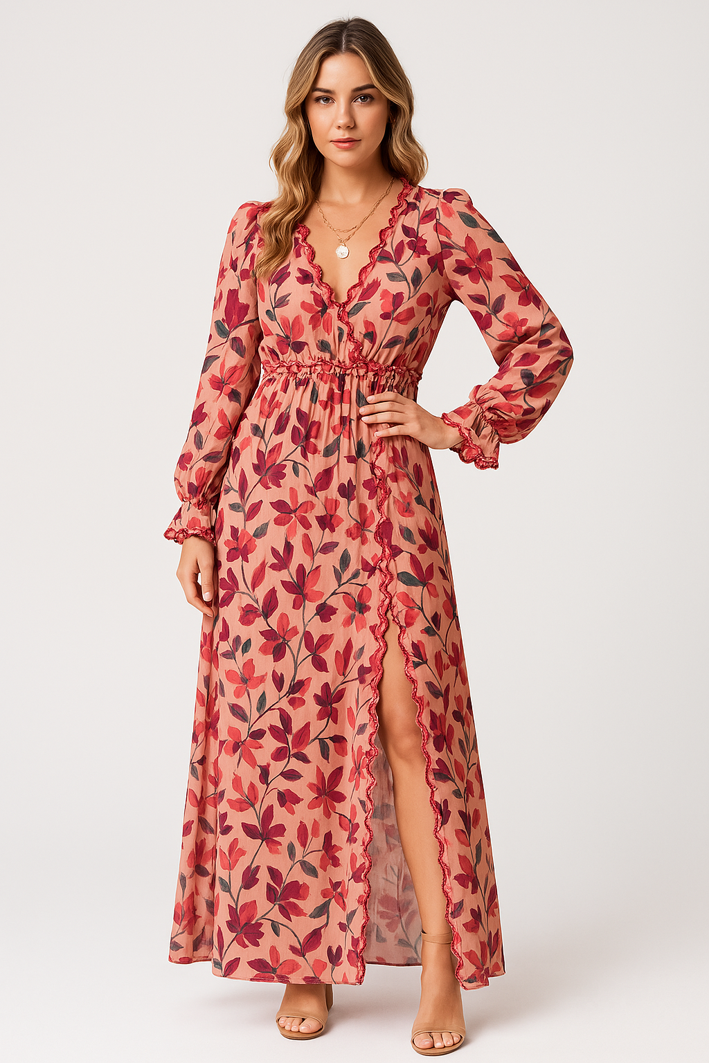 Robe longue femme – Tissu fluide – Imprimé fleuri – Manches longues – Style bohème