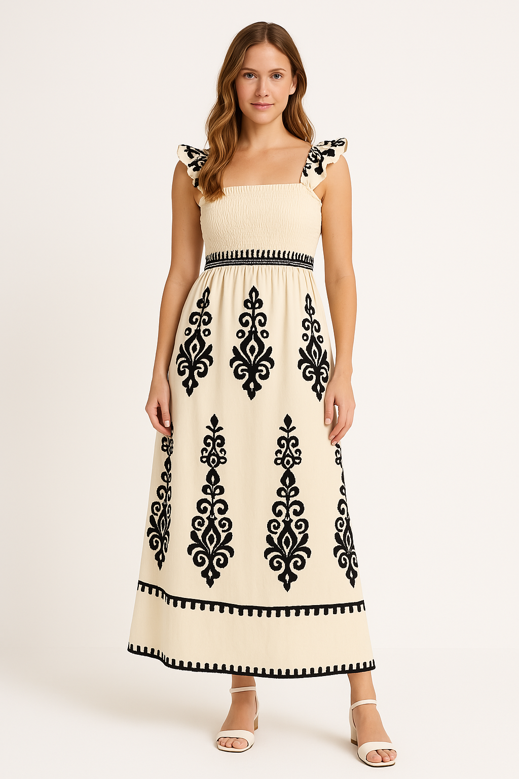 Robe longue femme – Coupe ample – Coton – Imprimé bohème – Bretelles volantées