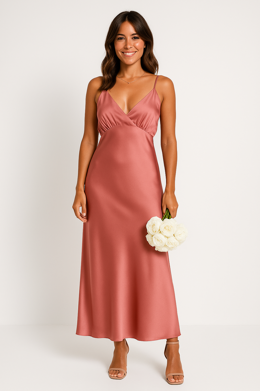 Robe de soirée femme – Satin lisse – Fendue – Sans manches – Dos nu – Décolleté V