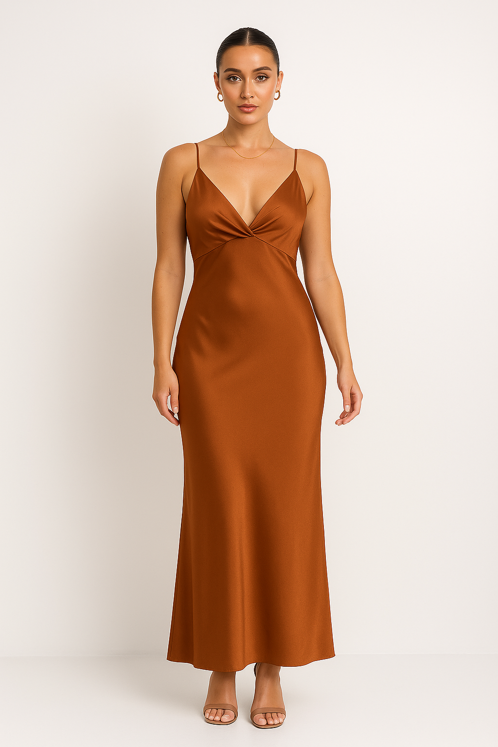 Robe de soirée femme – Satin lisse – Fendue – Sans manches – Dos nu – Décolleté V