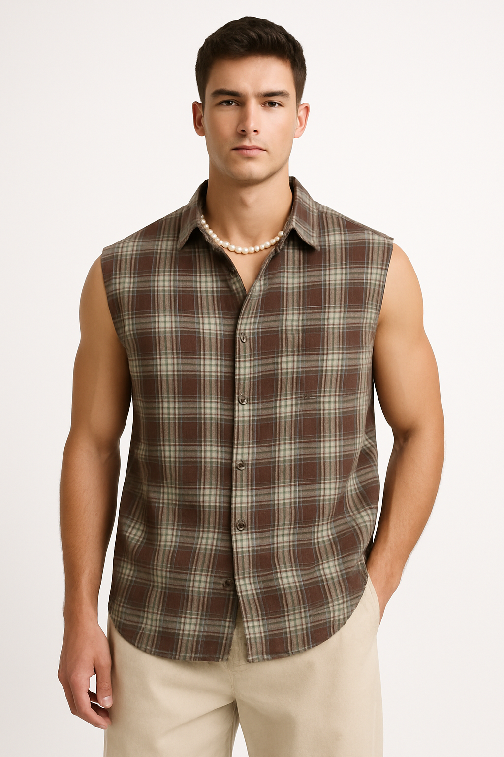 Chemise sans manches homme – Coupe ample – Tissu respirant – Motif carreaux – Col classique