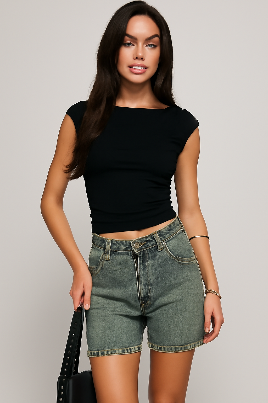 Short en jean femme – Coupe décontractée – Taille mi-haute – 5 poches – Mi-cuisse