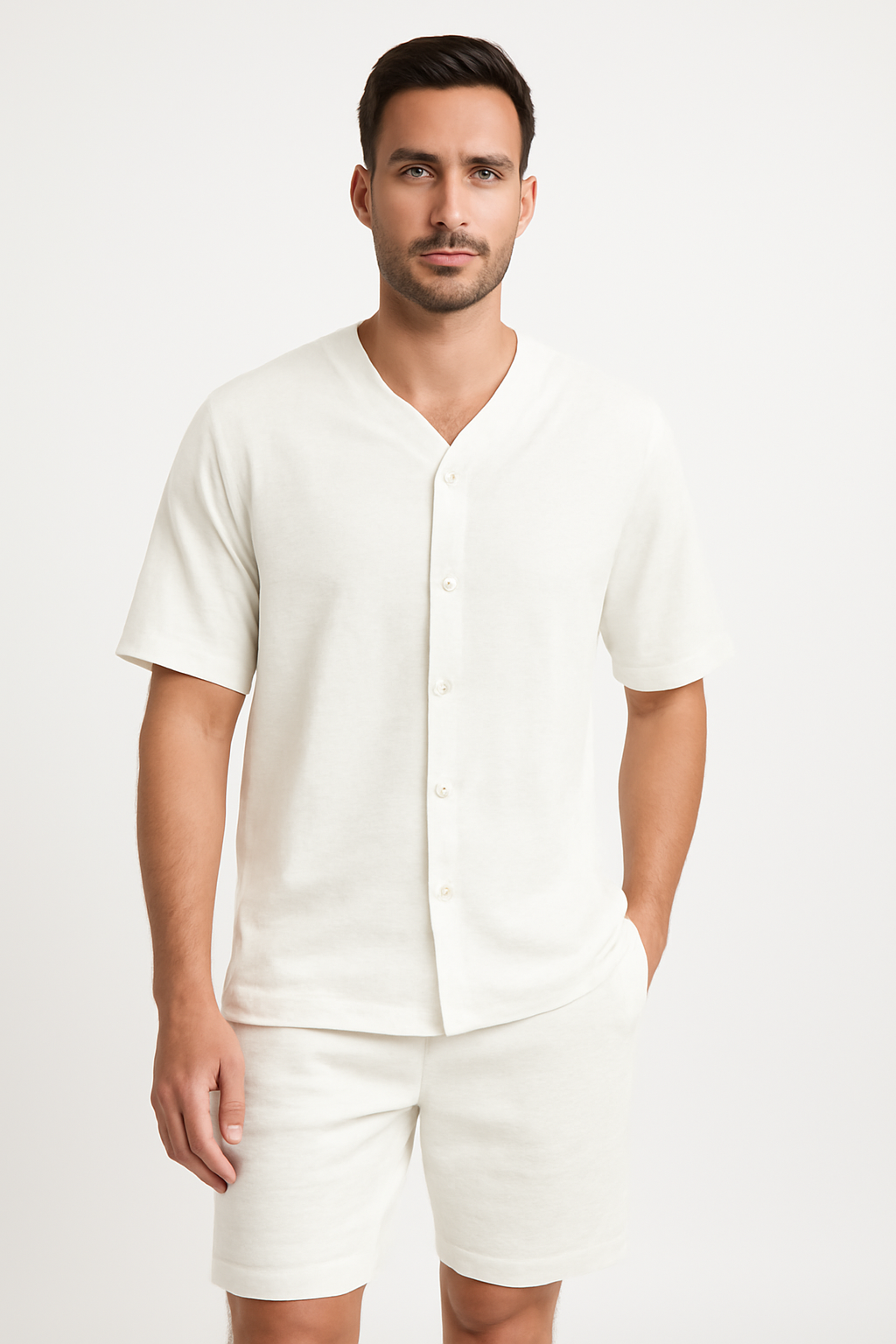 Ensemble Homme – Chemise Col V Boutonnée & Short Ample – Tissu Respirant Doux