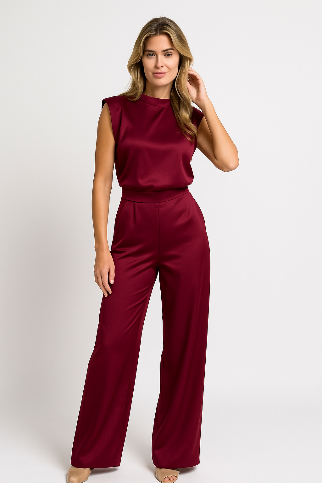 Combinaison Femme – Finition Satinée – Sans Manches – Dos Nu – Jambes Larges – Coupe Ample