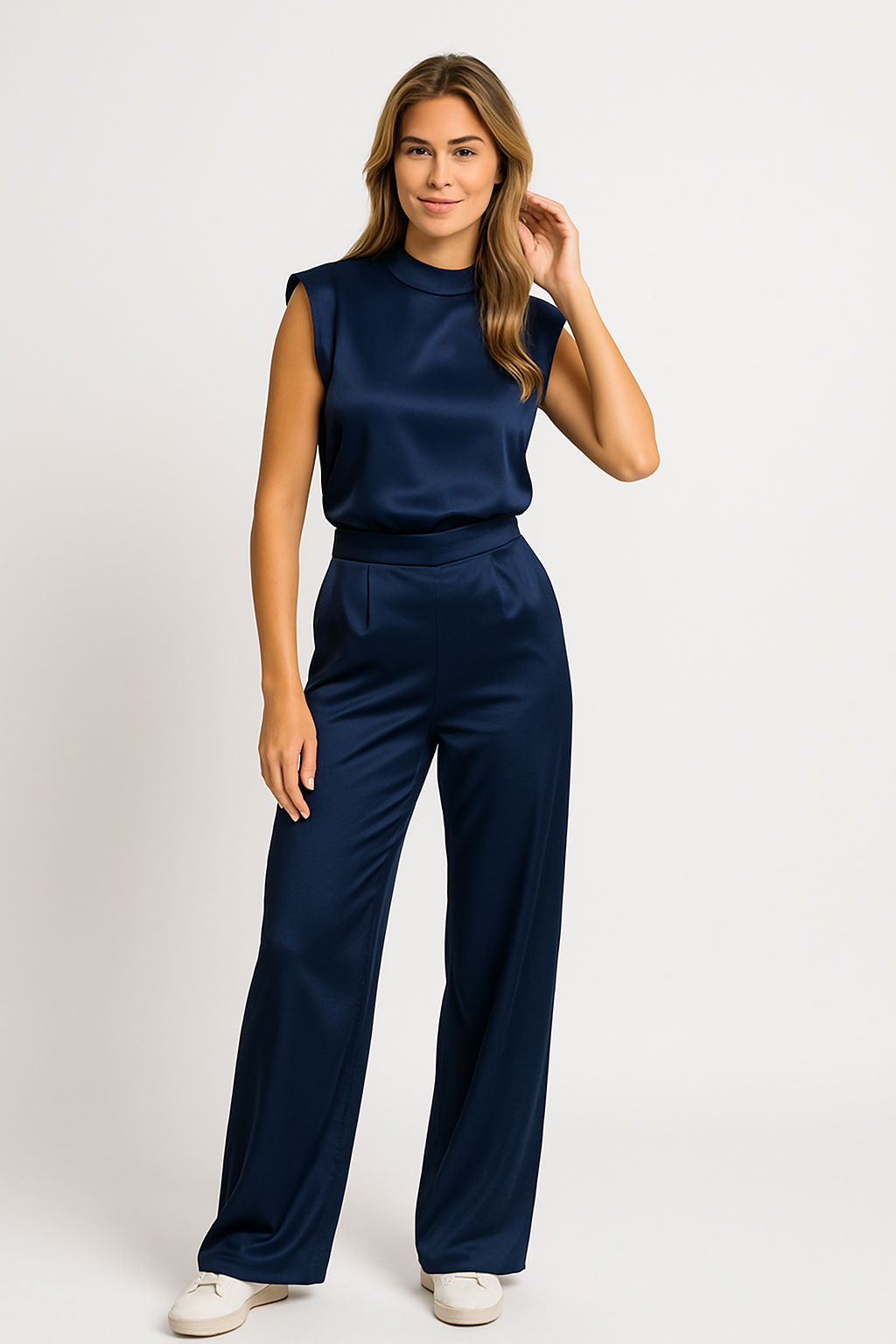 Combinaison Femme – Finition Satinée – Sans Manches – Dos Nu – Jambes Larges – Coupe Ample